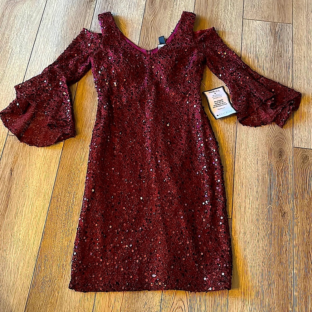 Gorgeous burgundy sequence dress with bell sleeves. Super classy.